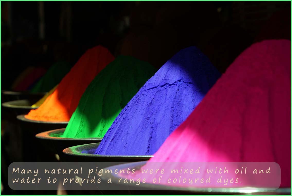 Image to show that traditionally dyes were obtianed by mixing a variety of coloured substances with water and oils to form dyes.